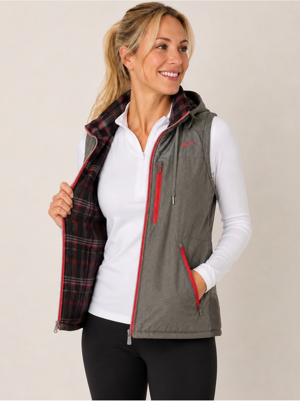 Nike Golf Reversible Hooded Puffer Vest Olive Plaid Orange Zippers Large